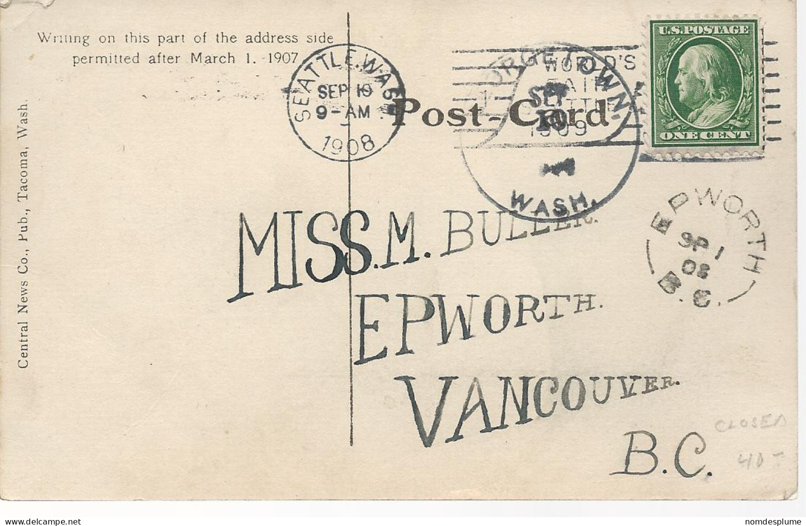 23181) USA Seattle Georgetown Epworth Postmark Cancel 1908 Closed Post Office Logging Giant Fir - Tacoma