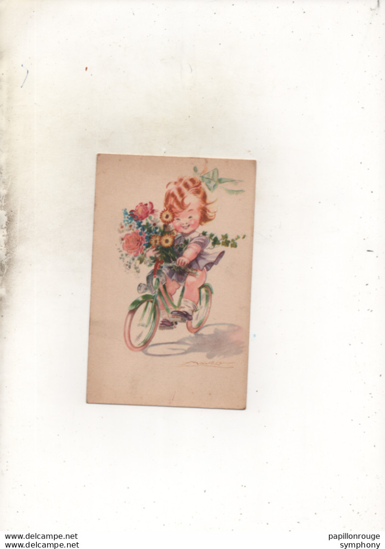 CP.  Illustrateur Mauzan .  Petite Fille Sur Son Vélo Avec Un Gros Bouquet De Fleurs - Mauzan, L.A.