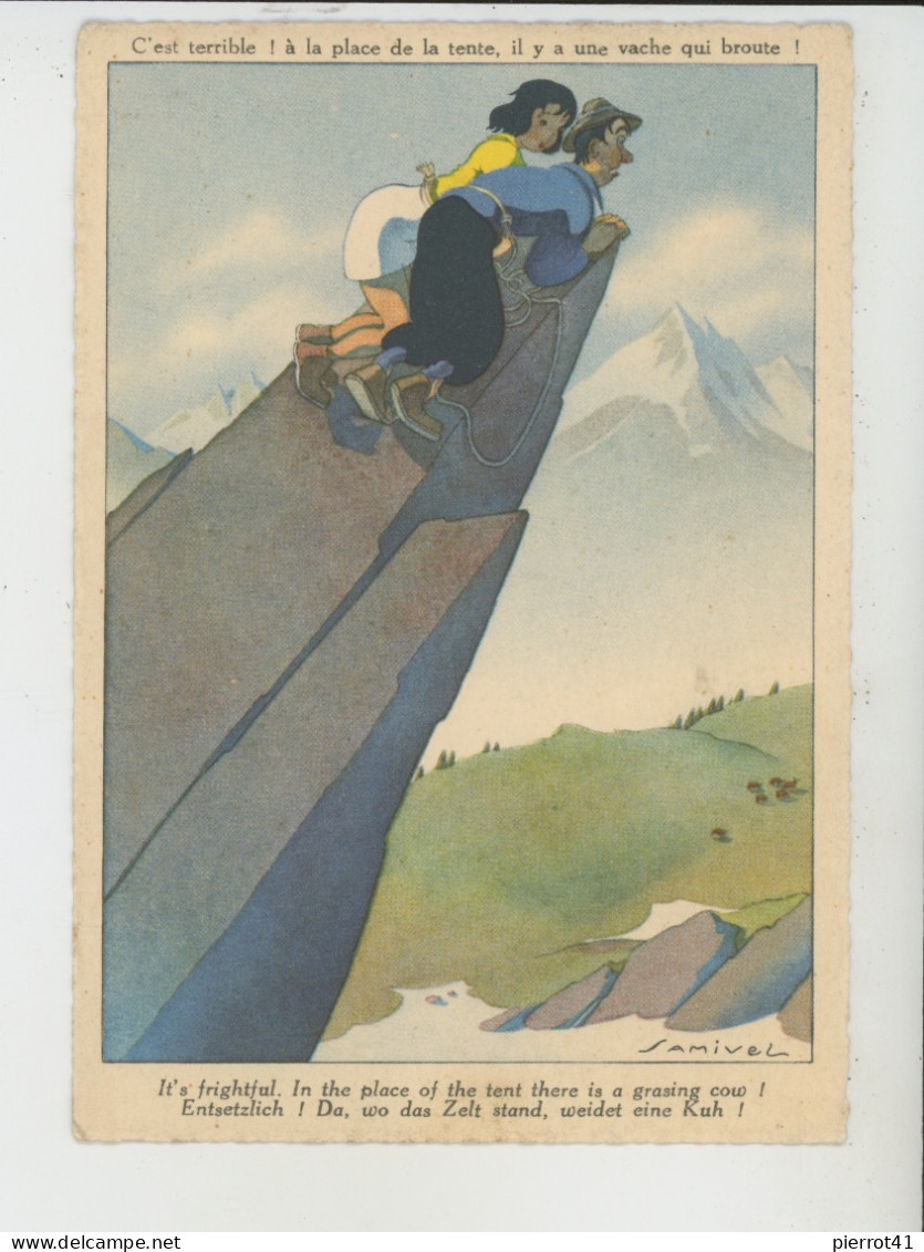 Illustrateur SAMIVEL - Alpinisme - Jolie Carte Fantaisie Humoristique Couple Au Sommet De La Montagne Observant Vaches - Samivel