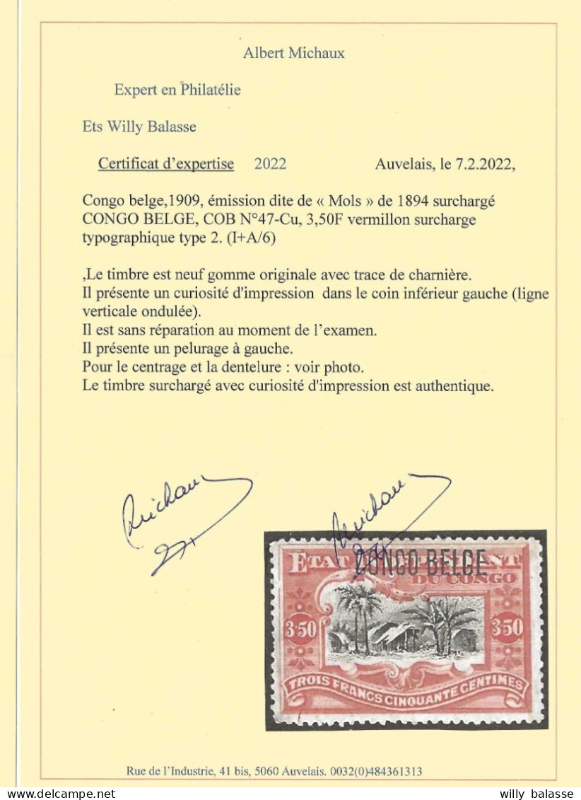 Mols N°47-Cu *, 3.5f Tupo Avec Curiosité "ligne Verticale Ondulé Coin Inférieur Gauche. Rare + Certificat - Ungebraucht