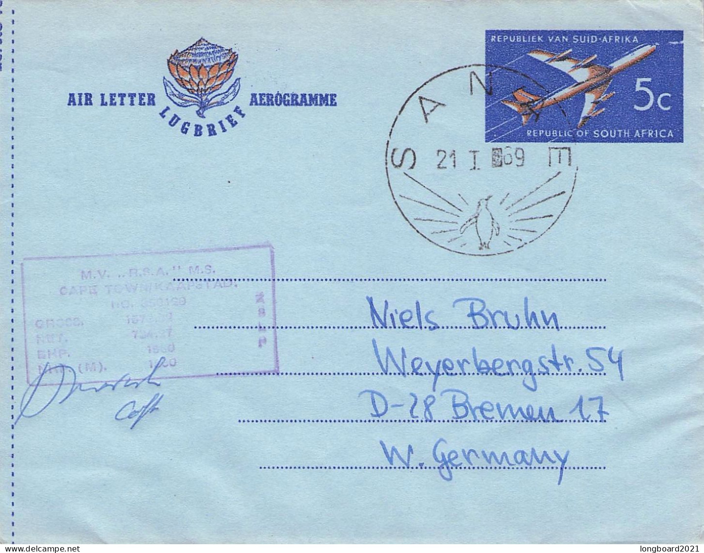 SOUTH AFRICA - AEROGRAMME 1969  > GERMANY  / *310 - Airmail