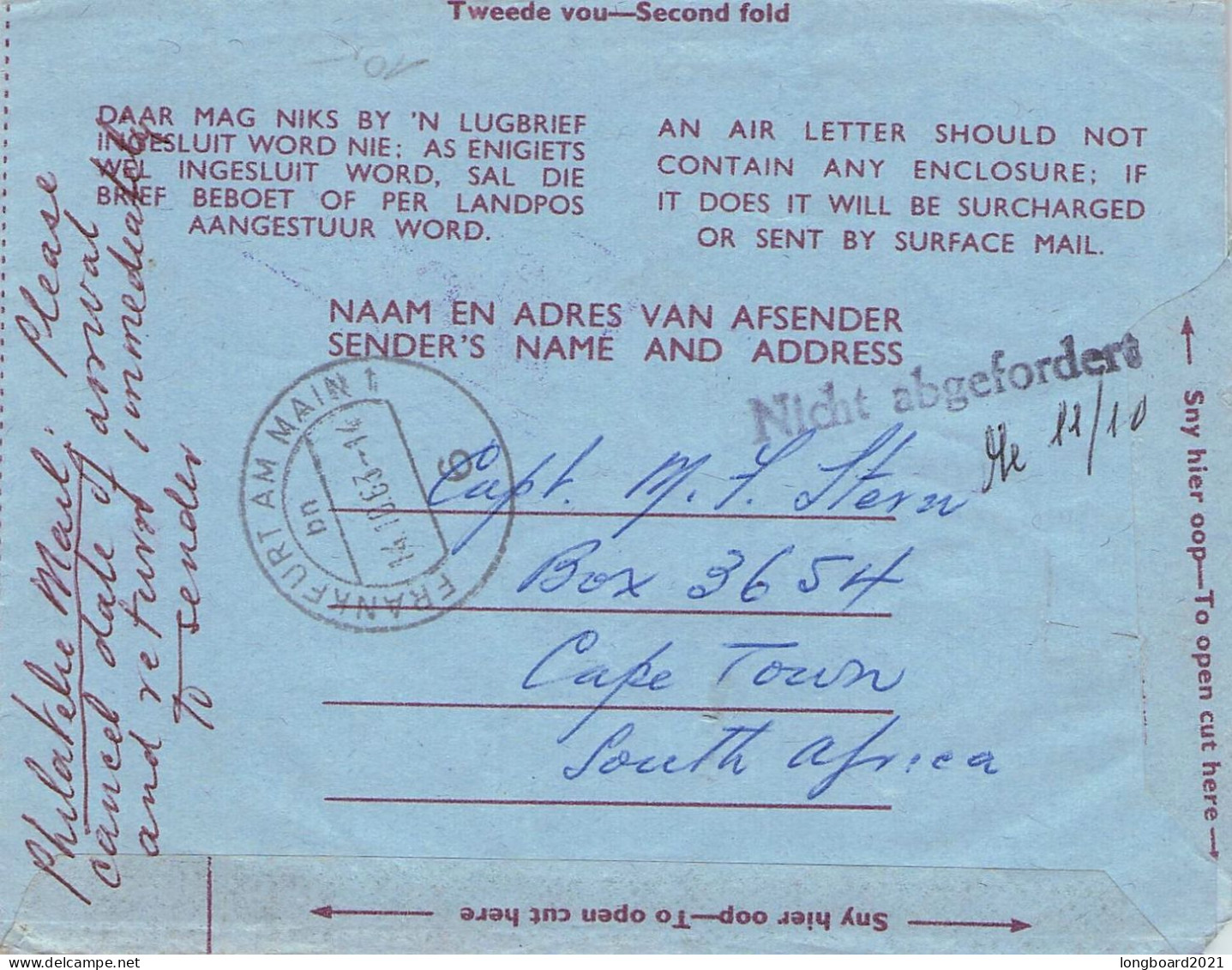 SOUTH AFRICA - AEROGRAMME 1963  > GERMANY  / *311 - Poste Aérienne