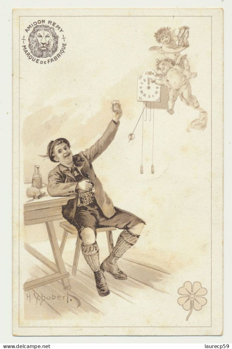 Carte Fantaisie  Homme Pendule Anges... - Publicité Amidon REMY - Illustrateur H. SCHUBERT - Schubert