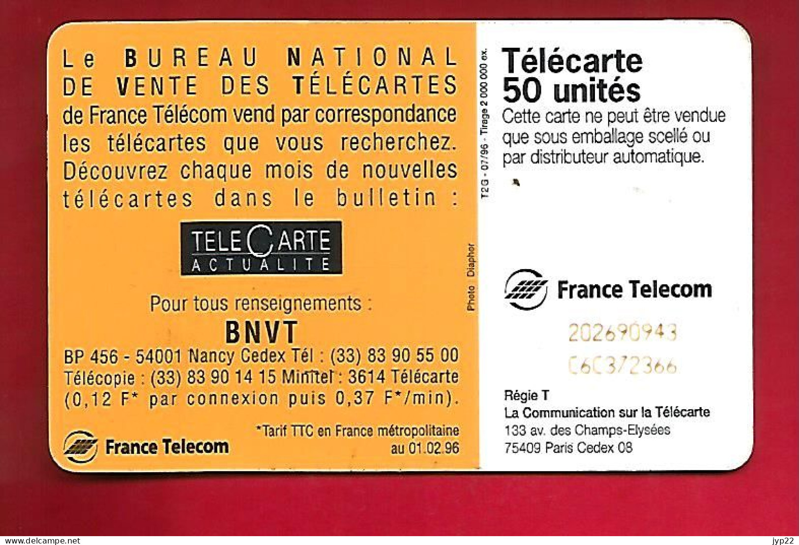 Télécarte Carte Téléphonique 50 Unités BNVT Bureau National De Vente Des Télécartes 1996 - 1996