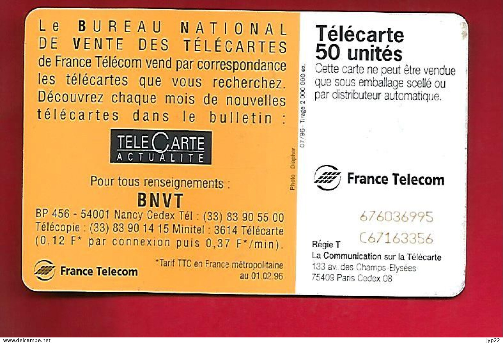 Télécarte Carte Téléphonique 50 Unités BNVT Bureau National De Vente Des Télécartes 1996 - 1996