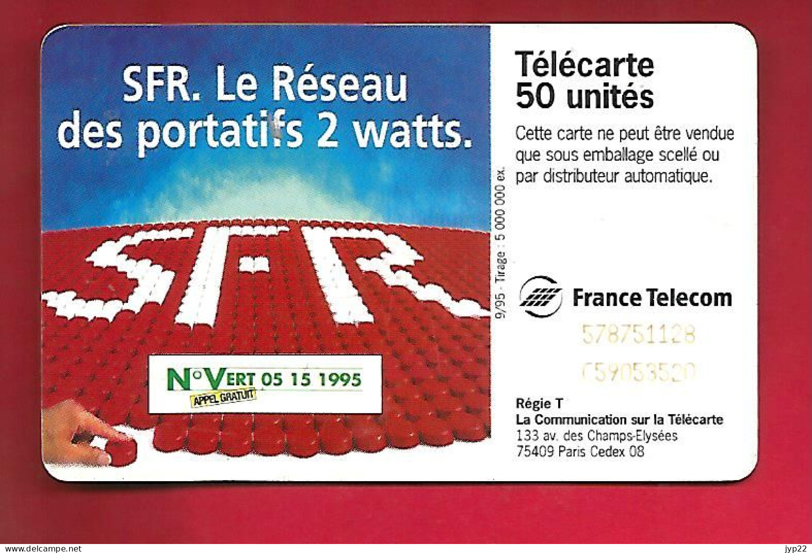 Télécarte Carte Téléphonique 50 Unités 1995 France Télécom SFR Le Réseau Des Portatifs 2 Watts - Telecom