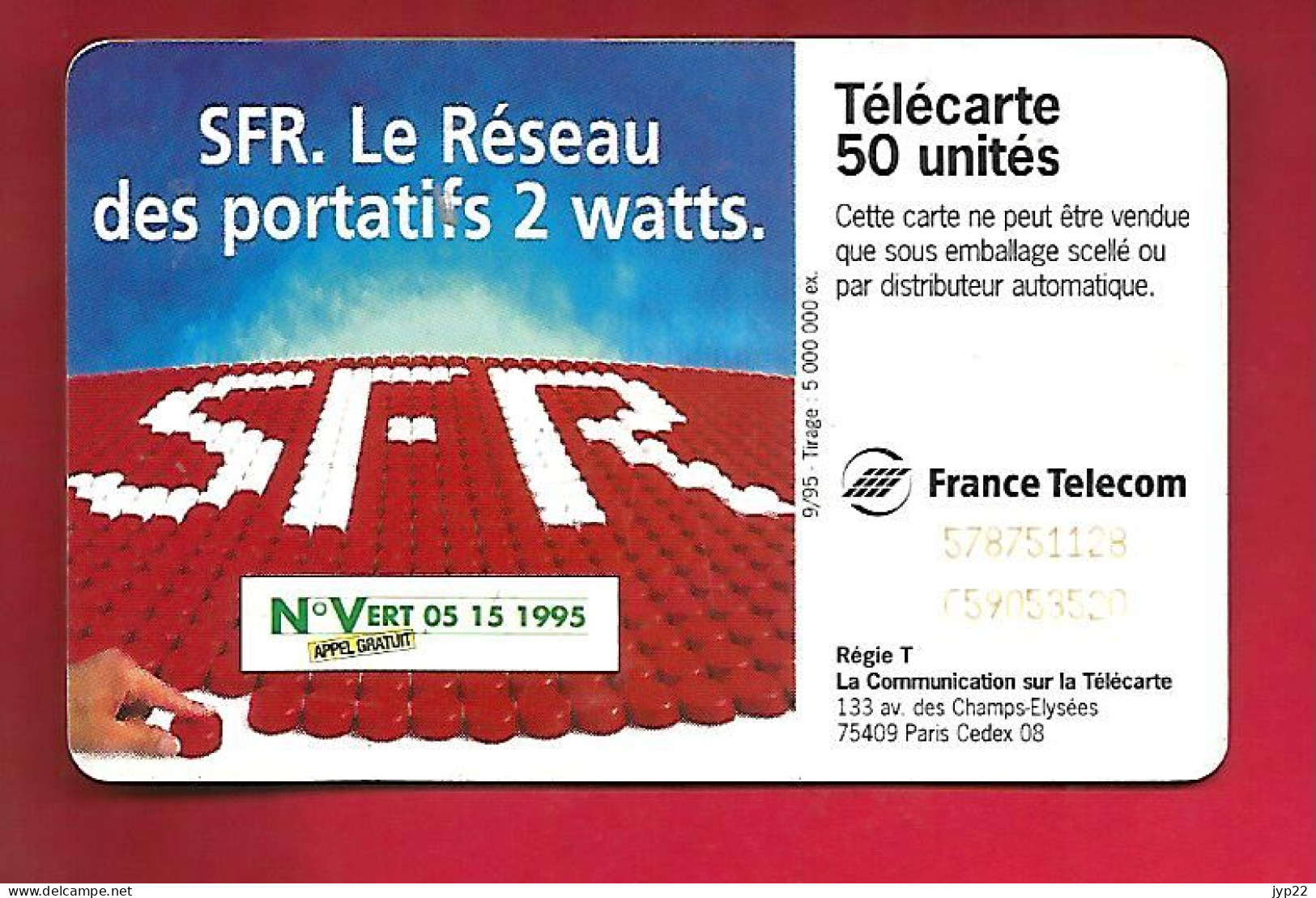 Télécarte Carte Téléphonique 50 Unités 1995 France Télécom SFR Le Réseau Des Portatifs 2 Watts - Telecom Operators