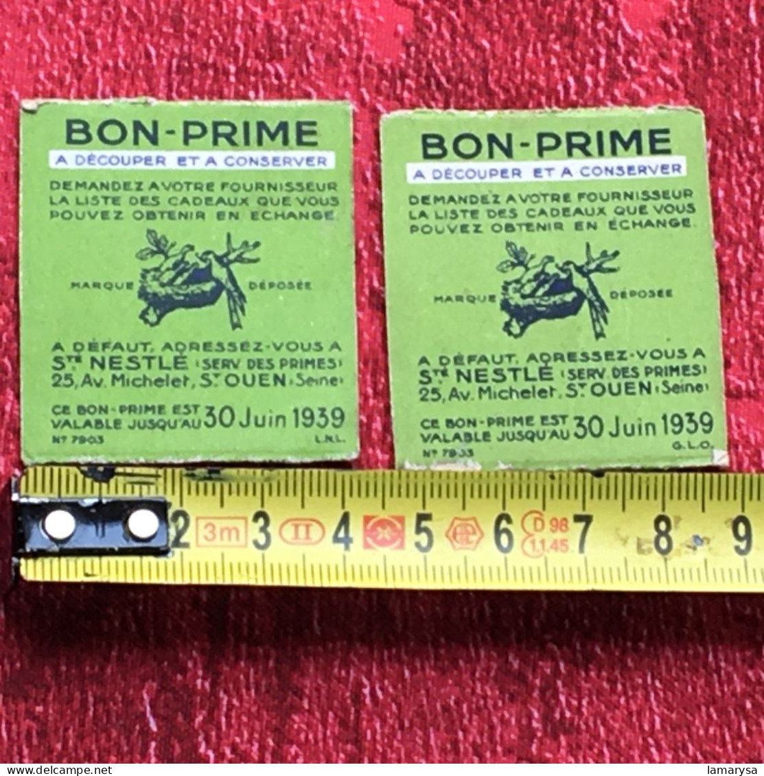 2 Bon Prime 30 Juin 1939 Nestlé Chocolat & Autres Produits - 25 Rue Michelet Saint-Ouen Seine-couleur Verte -carton- - Chocolade