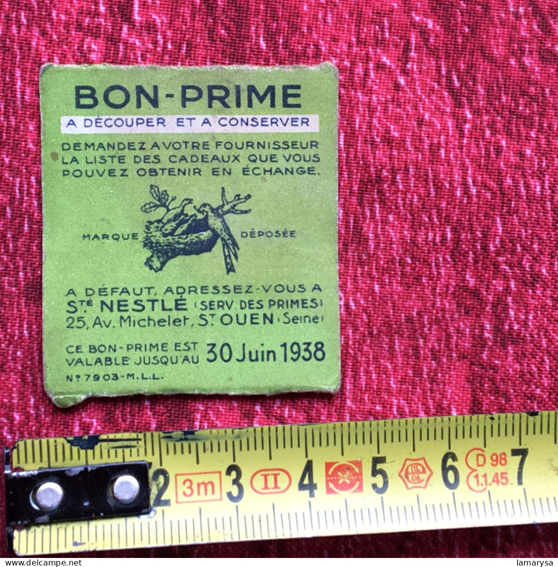 1 Bon Prime 30 Juin 1938 Nestlé Chocolat & Autres Produits - 25 Rue Michelet Saint-Ouen Seine-couleur Verte -carton- - Chocolate