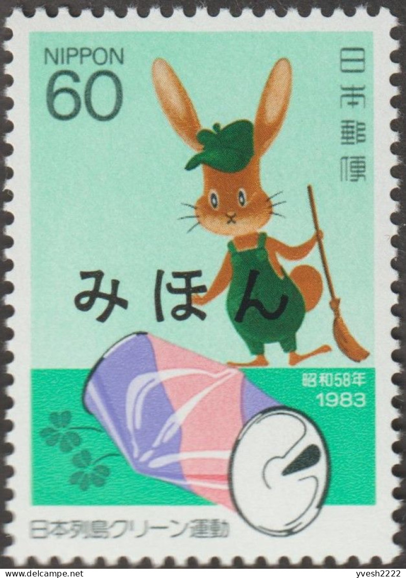 Japon 1983 Y&T 1450. Surchargé Mihon, Spécimen. Campagne De Propreté, Lapin éboueur Et Cannette Vide - Lapins