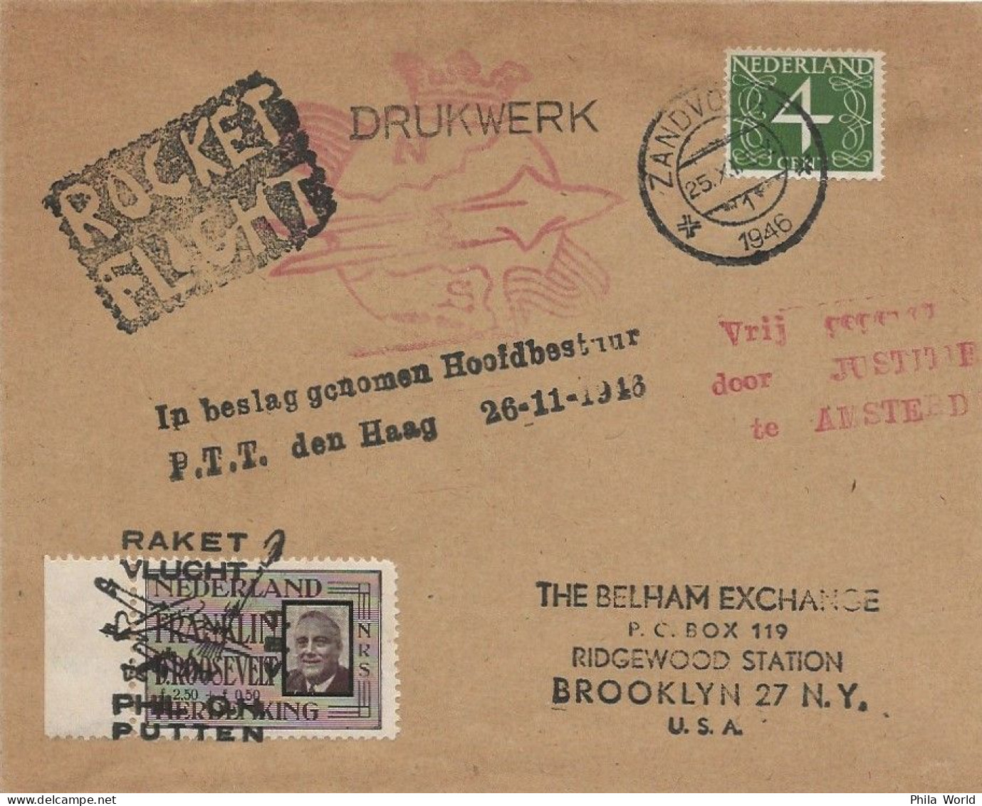 ROCKET FLIGHT NEDERLAND Den Haag 1946 To USA Fusée Postale Vignette ROOSEVELT Cachet Essai Interdit Puis Autorisé - Andere (Lucht)