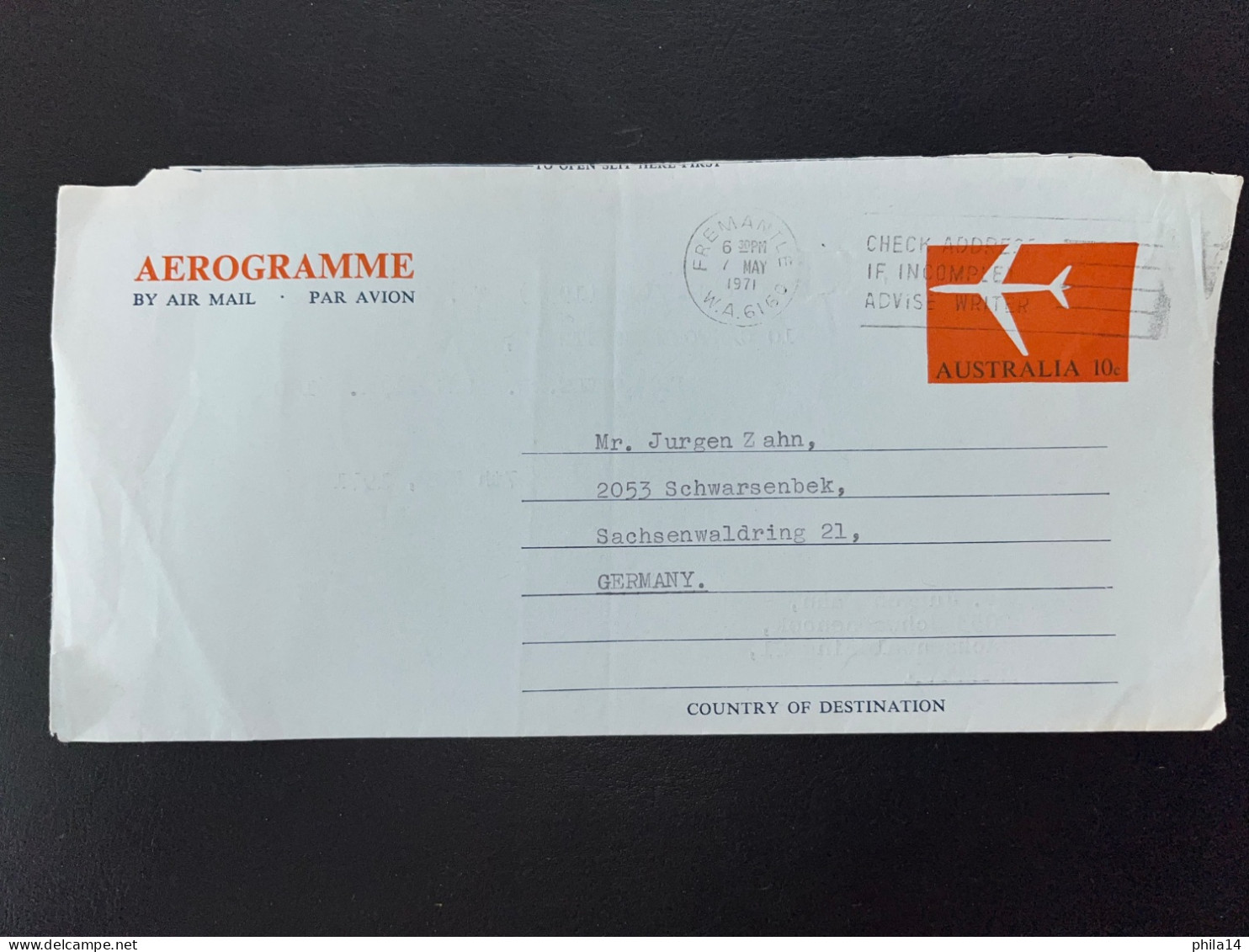 AEROGRAMME AUSTRALIA FREMANTLE 1971 TO SCHWARSENBEK GERMANY - Covers & Documents