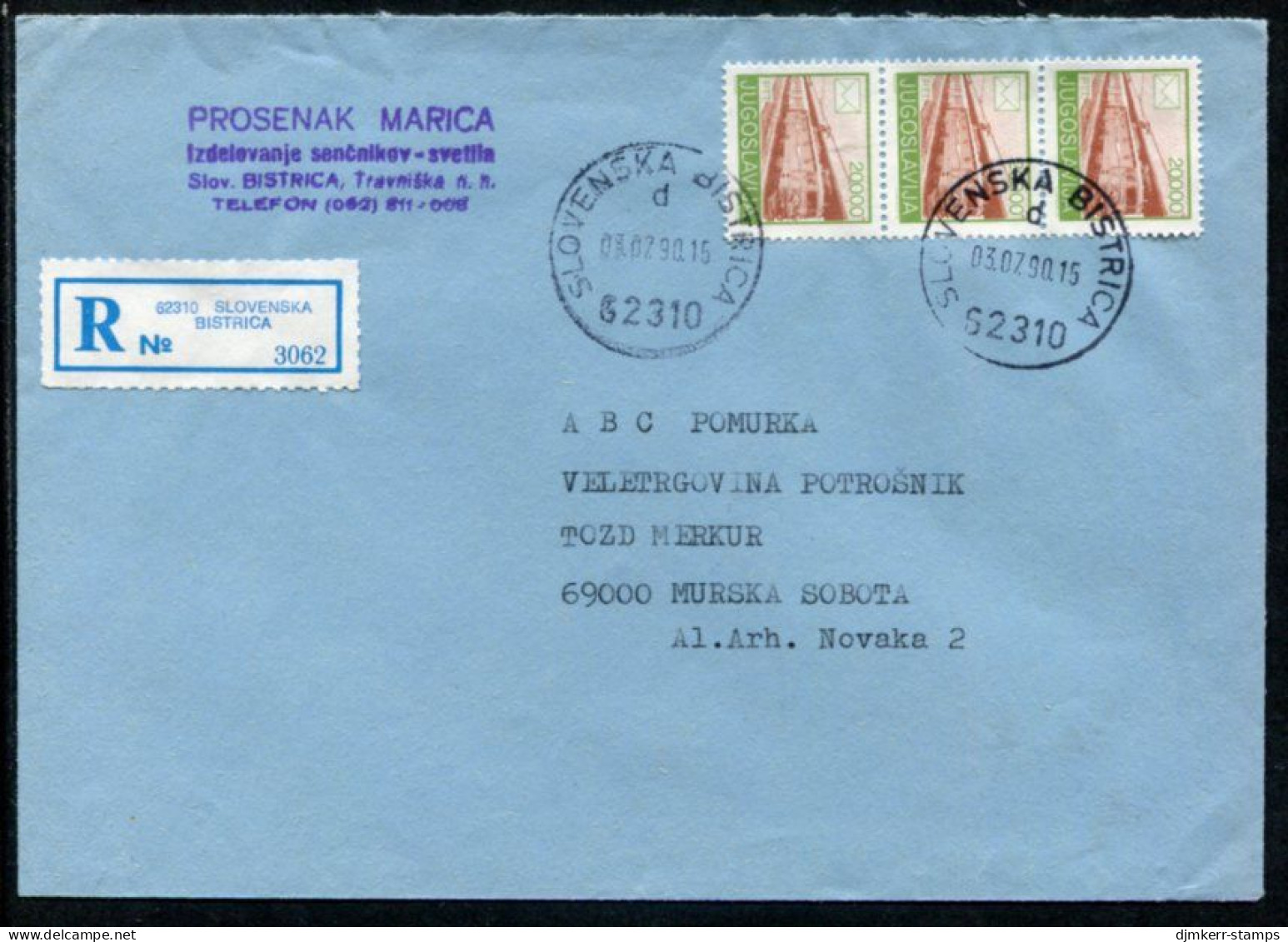 YUGOSLAVIA 1990 Registered Cover Franked With Postal Services 20000 D X 3    Michel 2390A - Cartas & Documentos