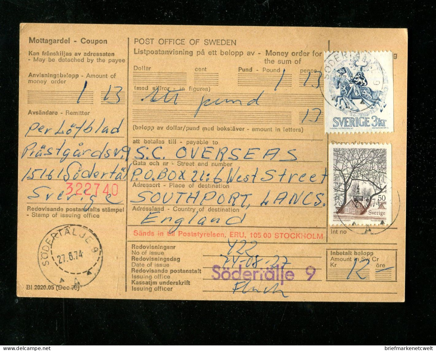 "SCHWEDEN" 1974, Postformular, MiF, Stempel "Soedertael" (17255) - Storia Postale