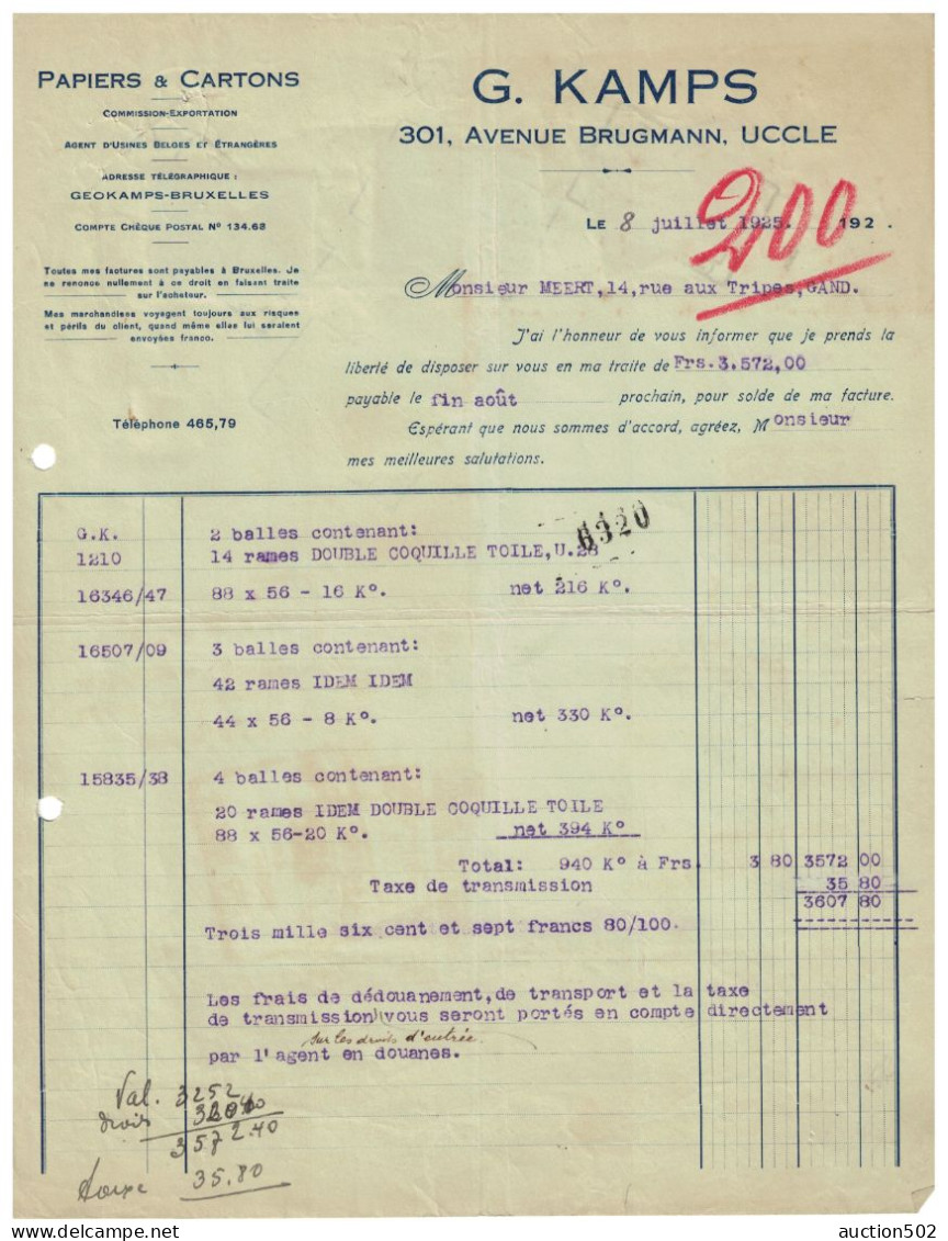Facture Uccle - Bruxelles 1925 G.Kamps Papiers é Cartons + TP Fiscaux - Old Professions