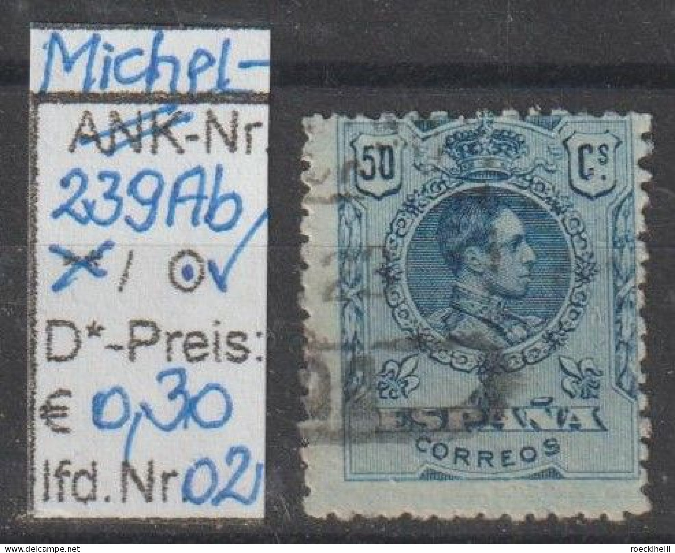 1917 - SPANIEN - FM/DM "König Alfons XIII Im Medaillon" 50 C Dkl'blau - O Gestempelt - S.Scan (239Abo 01-02 Esp) - Usados