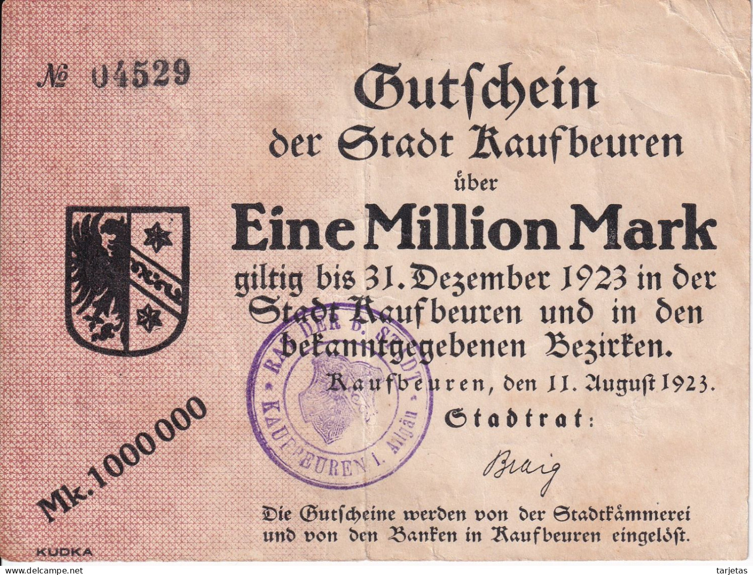 BILLETE DE ALEMANIA DE 1000000 MARK DEL AÑO 1923 (BANKNOTE) RARO - 1 Million Mark