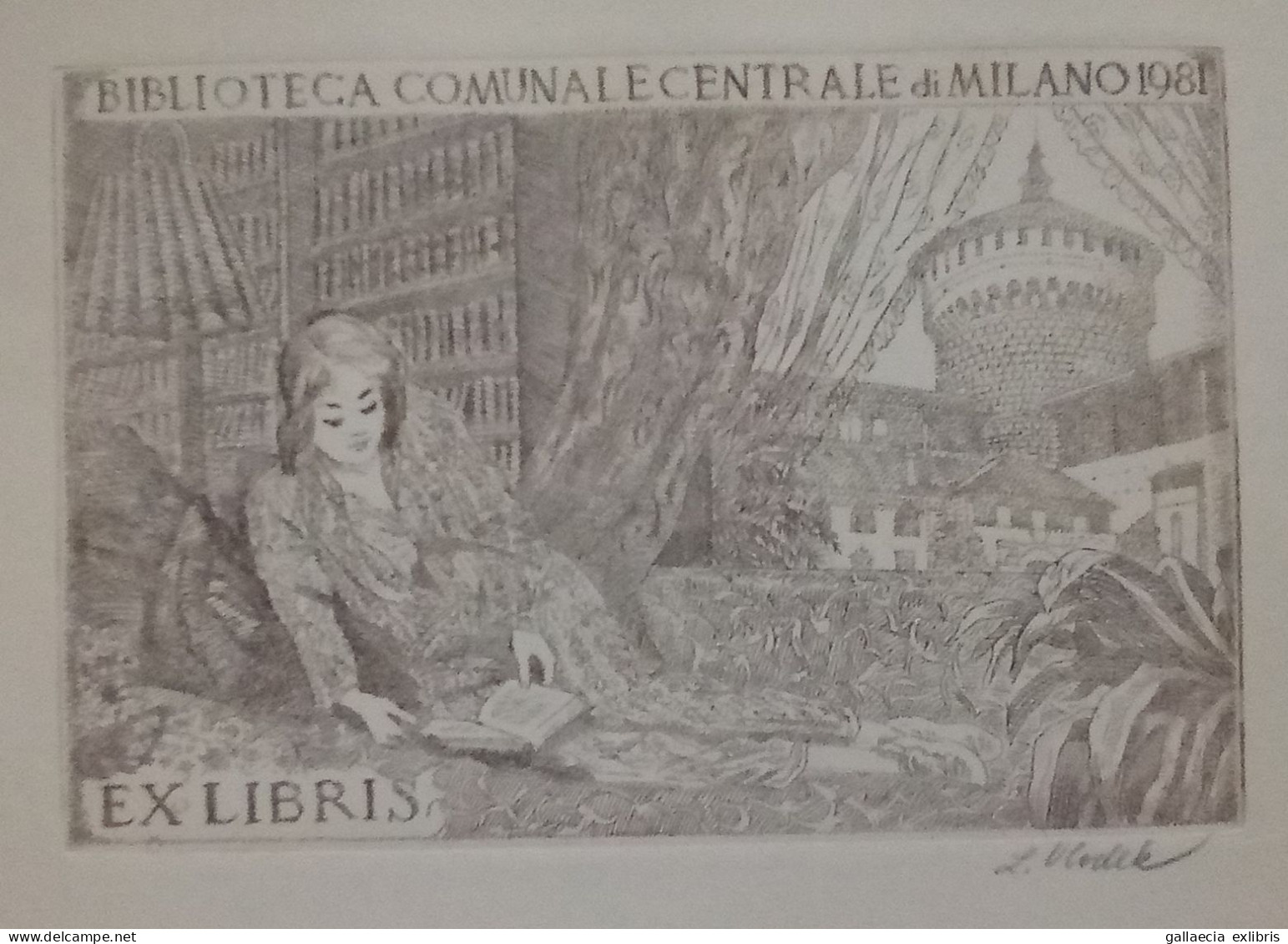 Ex-libris Ladislav Vlodek, 1981. Femme Livre Biblioteca Communale Centrale Milano. Exlibris Girl Book - Bookplates