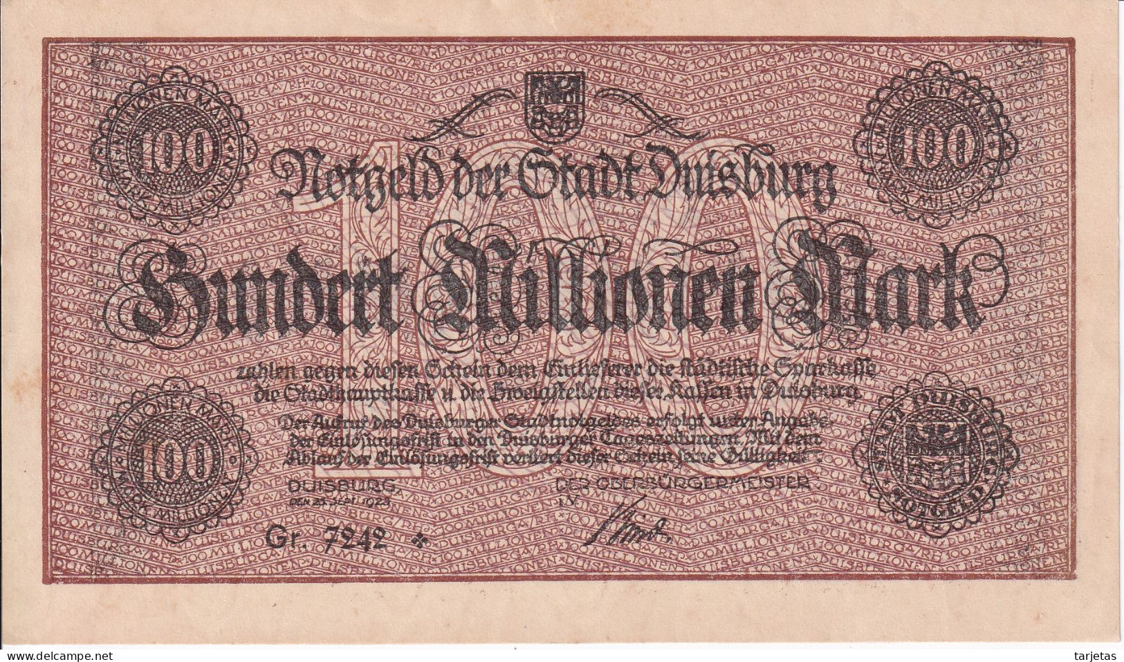 BILLETE DE ALEMANIA DE 100000000 MARK DEL AÑO 1923 (BANKNOTE) RARO - 100 Mio. Mark