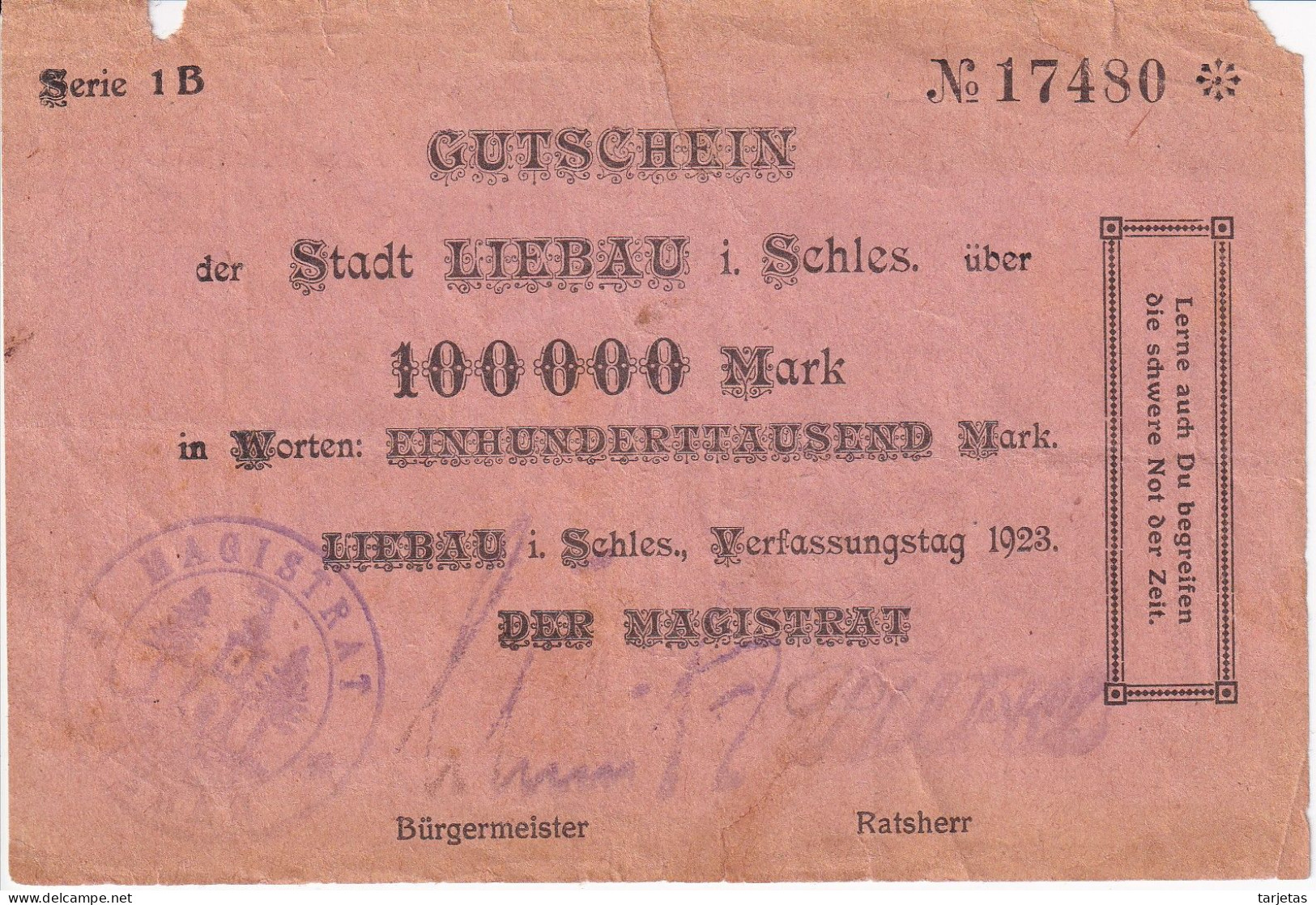 BILLETE DE ALEMANIA DE 100000 MARK DEL AÑO 1923 (BANKNOTE) RARO - 100000 Mark