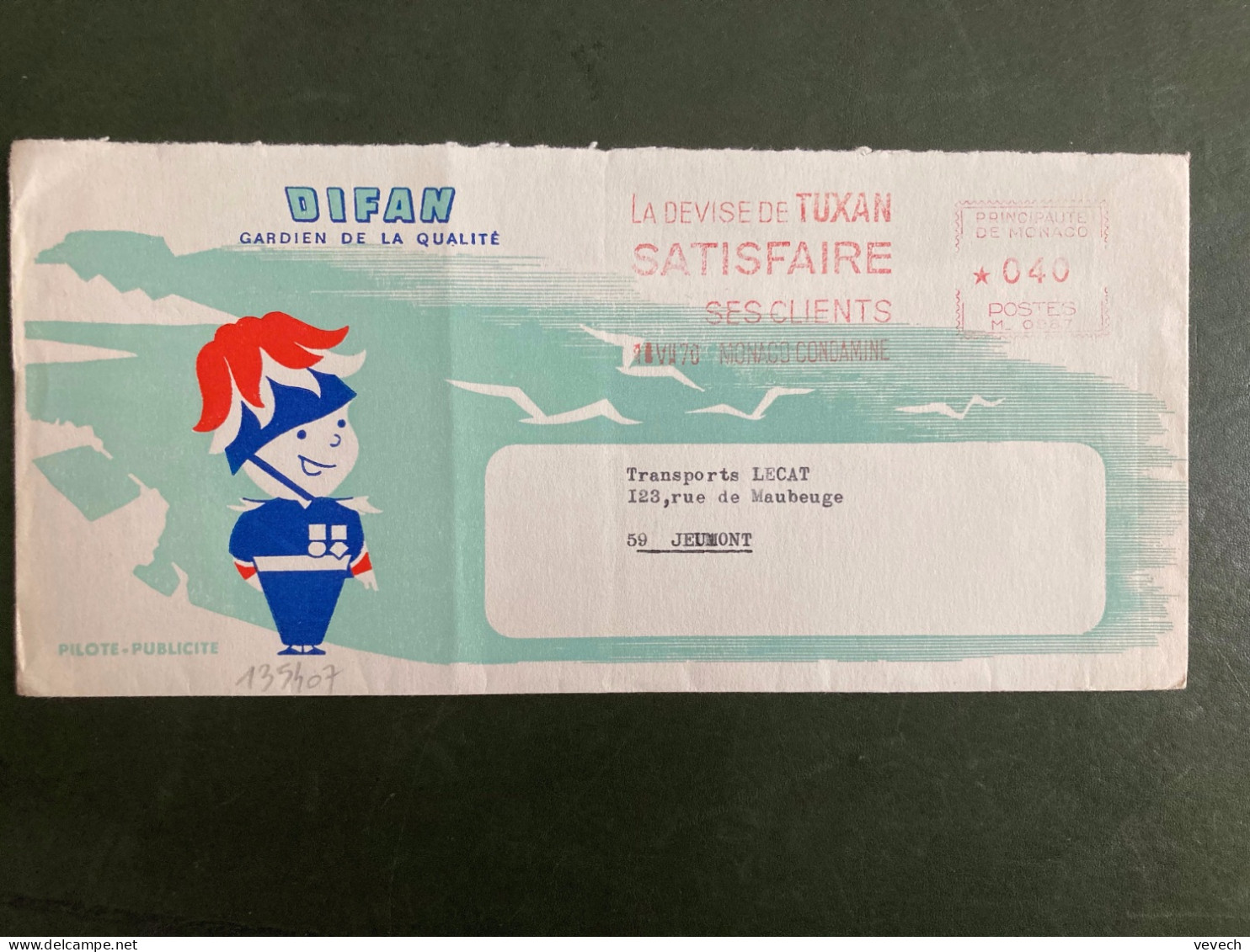 LETTRE DIFAN PILOTE PUBLICITE EMA M 0987 à 040 Du 31 VII 70 MONACO CONDAMINE LA DEVISE DE TUXAN SATISFAIRE SES CLIENTS - Maschinenstempel (EMA)