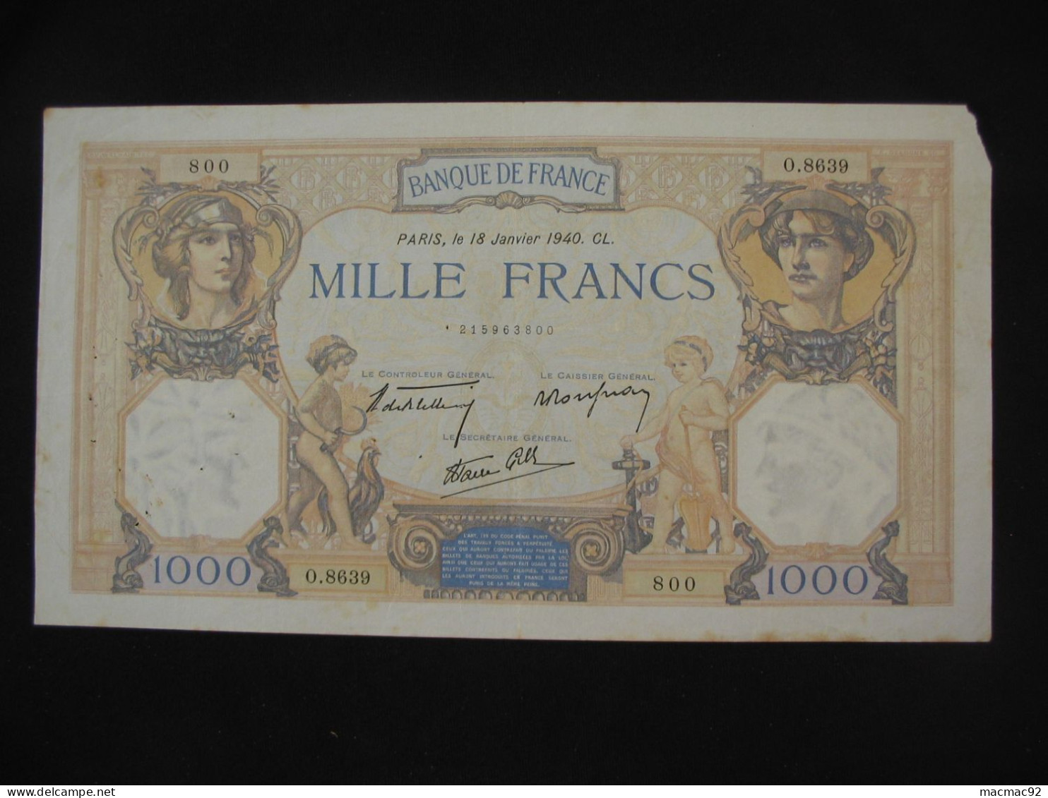 1000 Mille Francs - Céres Et Mercure -18 Janvier 1940  **** EN ACHAT IMMEDIAT **** - 1 000 F 1927-1940 ''Cérès Et Mercure''
