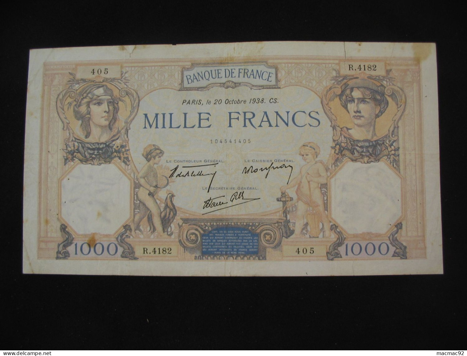 1000 Mille Francs - Céres Et Mercure - 20 Octobre 1938  **** EN ACHAT IMMEDIAT **** - 1 000 F 1927-1940 ''Cérès E Mercure''