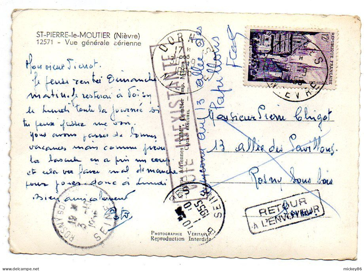 SAINT PIERRE LE MOUTIER-1955- Vue Générale Aérienne ....timbre....cachet....belle Griffe VOIE INEXISTANTE - Saint Pierre Le Moutier