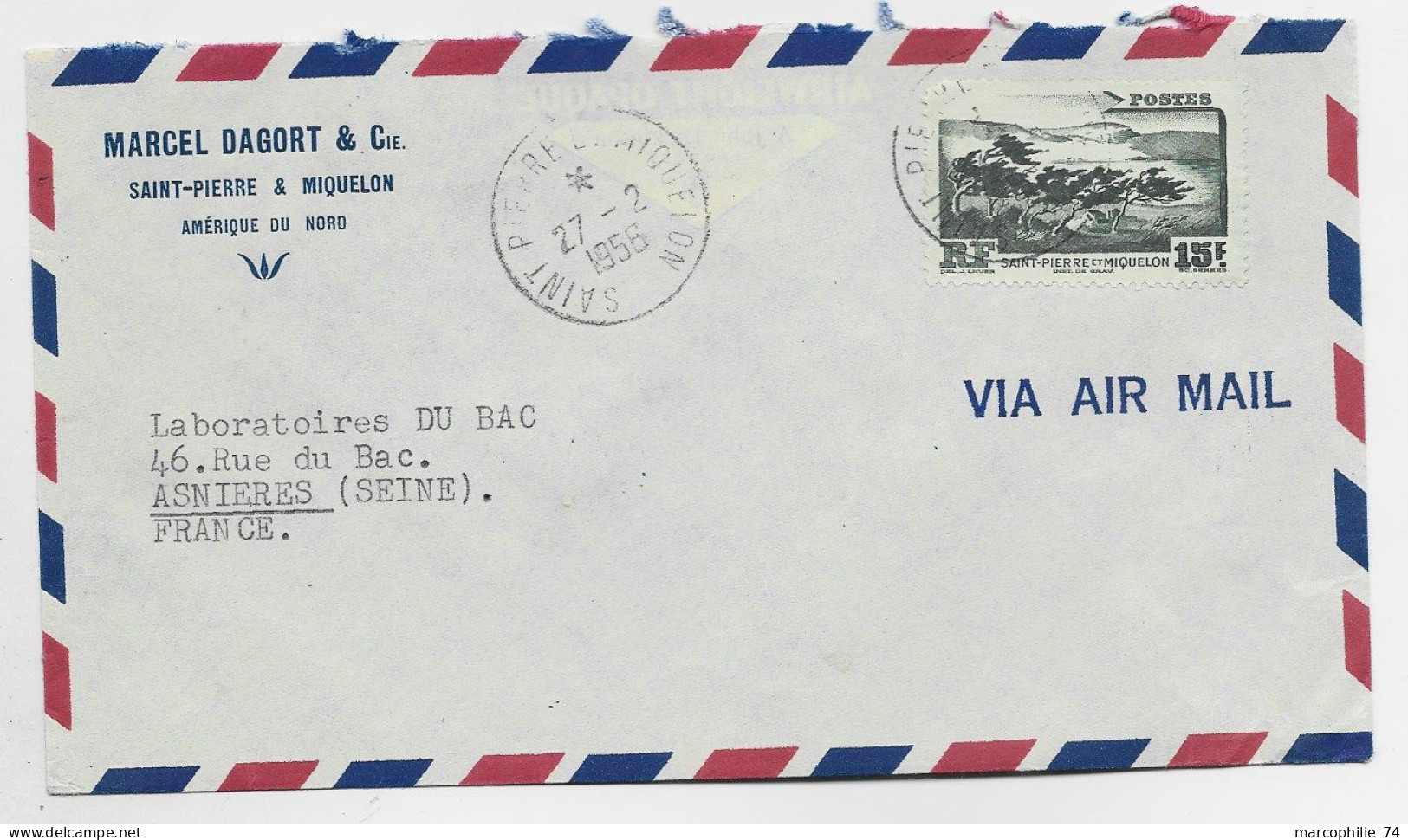 SAINT PIERRE ET MIQUELON 15FR SEUL LETTRE AVION SAINT PIERRE ET MIQUELON 27.2.1956 - Cartas & Documentos