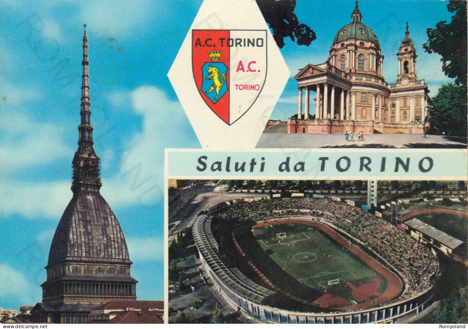 CARTOLINA  TORINO,PIEMONTE-SALUTI DA TORINO-MOLE ANTONELLIANA-BASILICA DI SUPERGA-STADIO COMUNALE-STORIA,VIAGGIATA 1963 - Stadi & Strutture Sportive