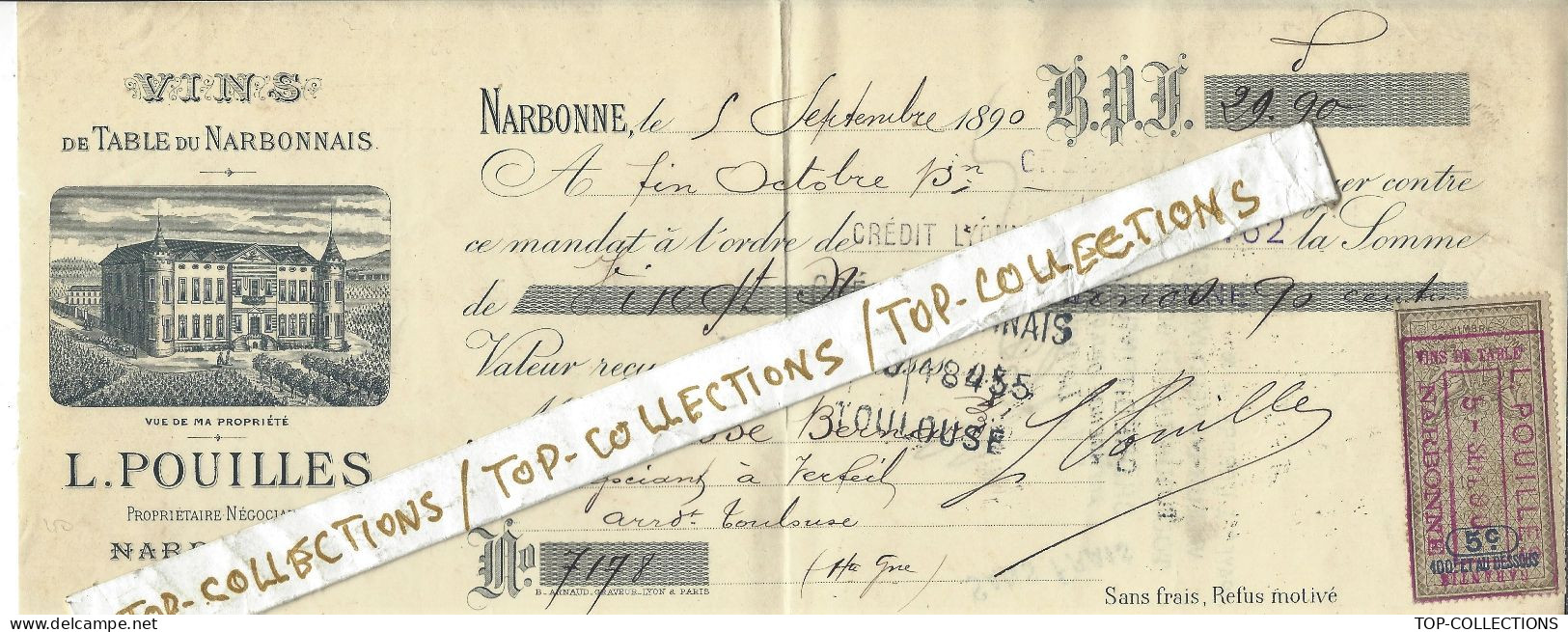 1890  SUPERBE ENTETE VIN VINS  DE NARBONNE Domaine D L.Pouilles Propriétaire Négociant MANDAT FISCAL Pour Toulouse Cassé - 1800 – 1899