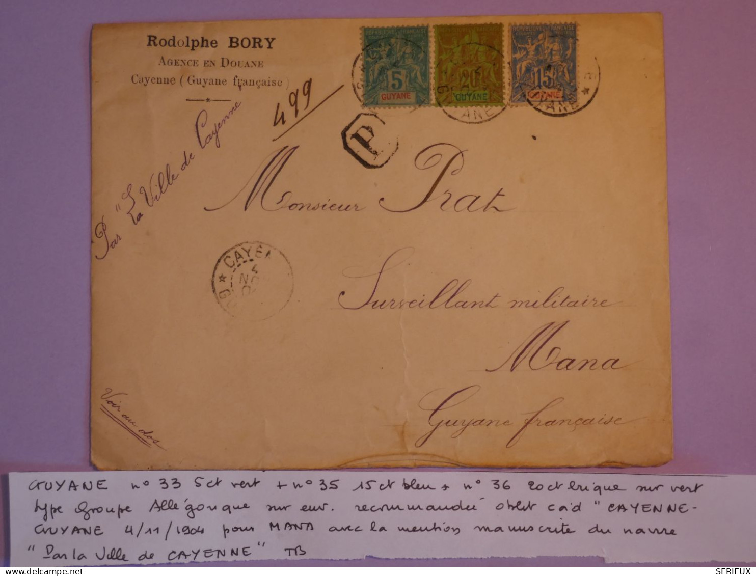 BV4 GUYANNE  BELLE  LETTRE DOUANE RARE 1904  CAYENNE A MANA N° 33 35 36  +AFF.INTERESSANT+ - Lettres & Documents