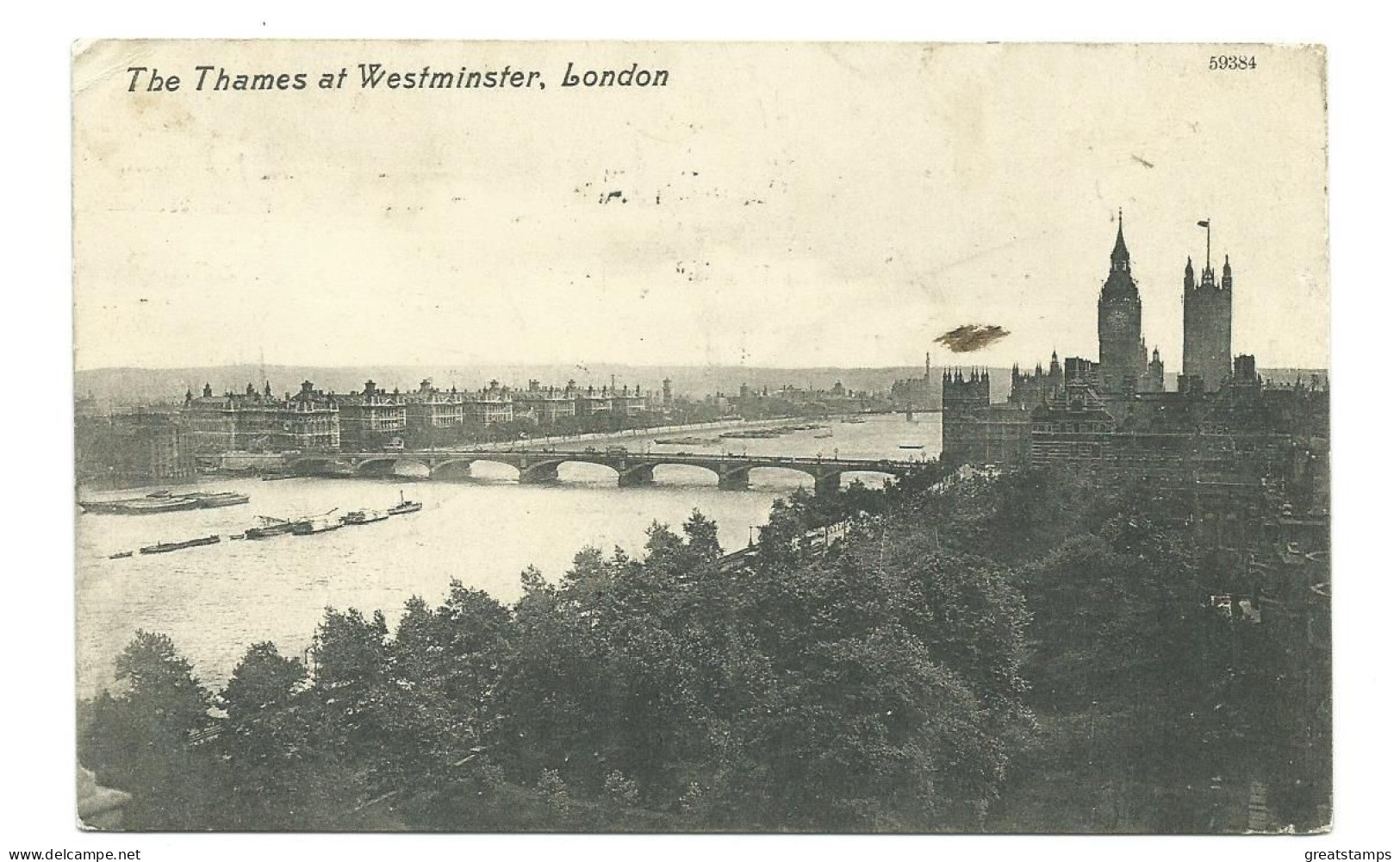 London Postcard The Thames At Westminster Machine Cancel 1909 - River Thames