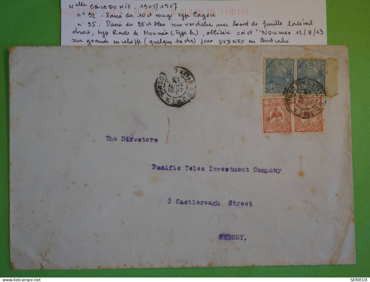 BV4 NOUVELLE CALEDONIE  BELLE  LETTRE RARE  1913  NOUMEA A SYDNEY AUSTRALIA+PAIRES BORD DE FEUILLE ++AFF.INTERESSANT+ - Storia Postale