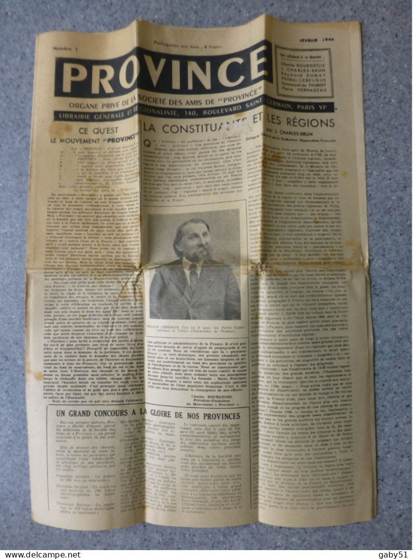 Journal PROVINCE Numéro 1, Février 1946, RARE, Phileas Lebesgue, Etc  ; Ref 2062 JL 09 - 1950 à Nos Jours
