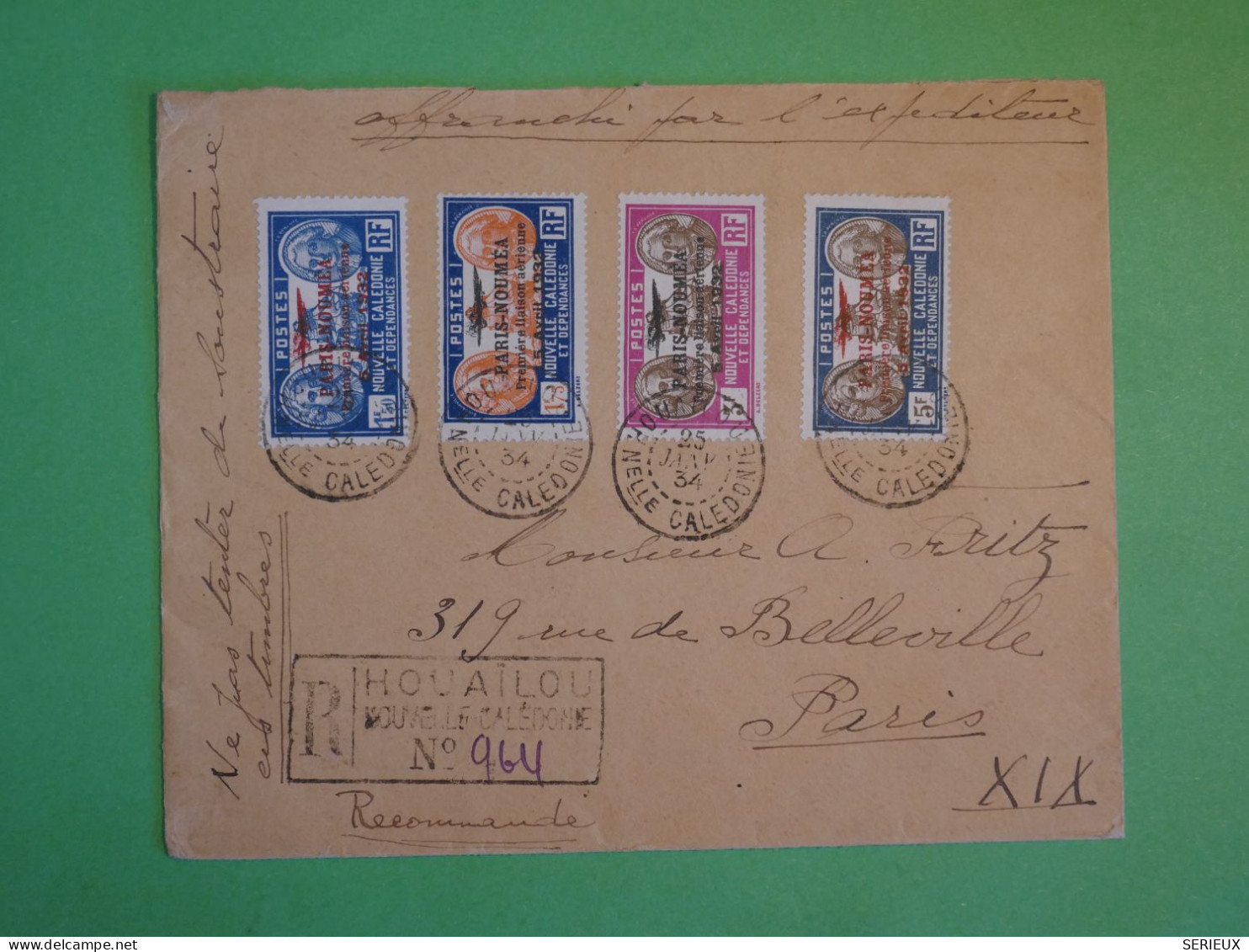 BV4 NOUVELLE CALEDONIE  BELLE  LETTRE RECO 1935   HOUALIOU A PARIS FRANCE  ++AFF.INTERESSANT+ - Lettres & Documents