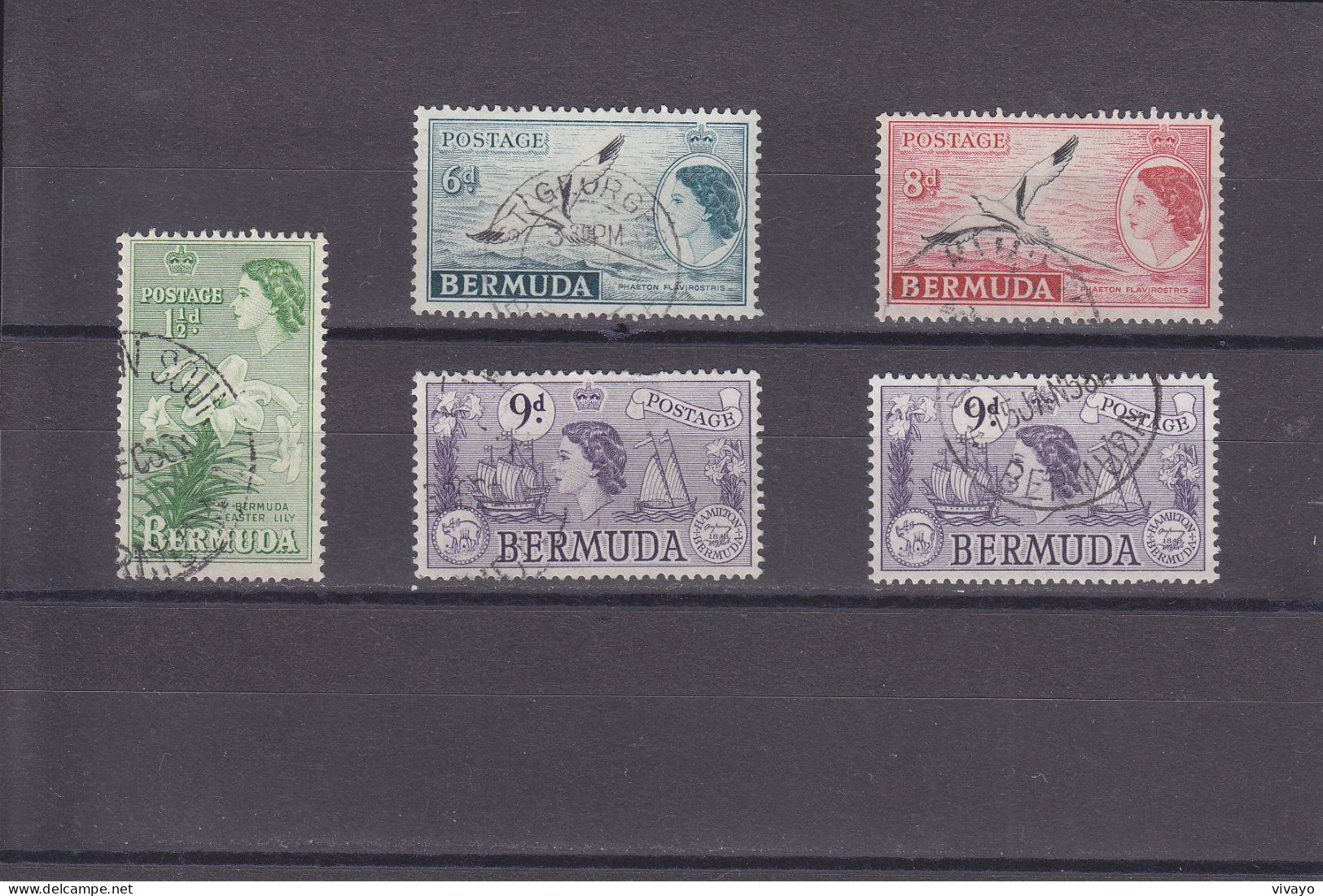 BERMUDA - BERMUDES - 1953 - O / FINE CANCELLED - QEII - FLOWERS, BIRDS, " SEA VENTURE "  Yv. 135, 141, 141A, 141B - Bermuda