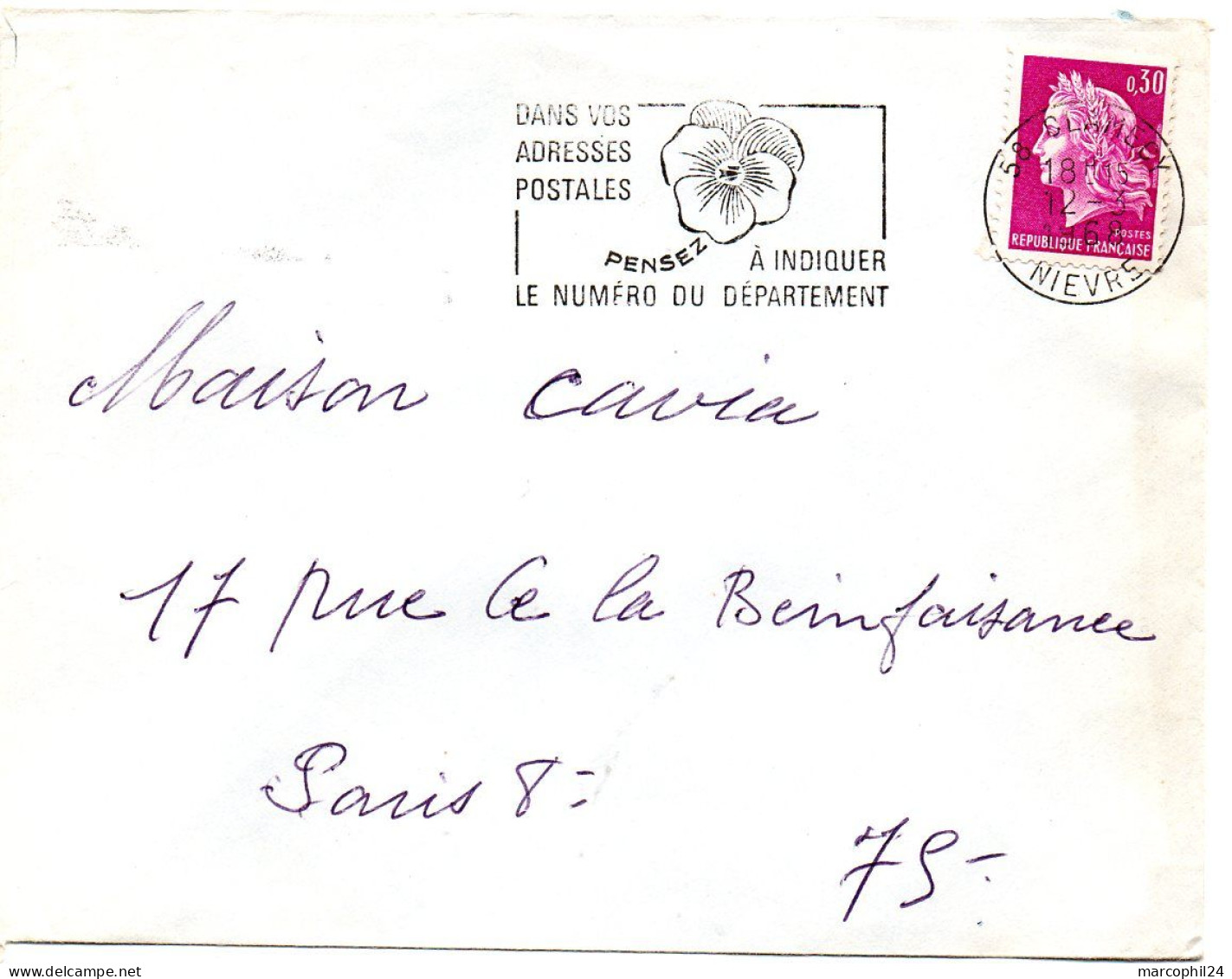 NIEVRE - Dépt N° 58 =  CLAMECY 1968 = FLAMME SECAP Multiple ' PENSEZ à INDIQUER ' = Pensée N° 2 - Zipcode