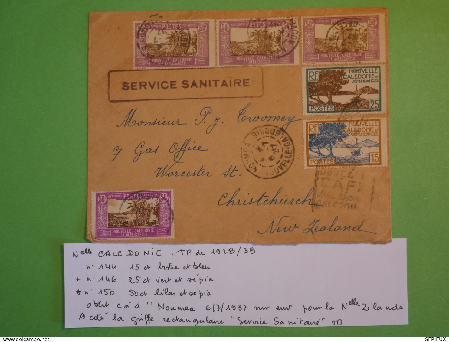 BV4 NOUVELLE CALEDONIE  BELLE  LETTRE RR RECO 1937 NOUMEA A CHRISTCHURCH NEW ZEALAND +SERV. SANITAIRE+AFF.INTERESSANT+ - Covers & Documents