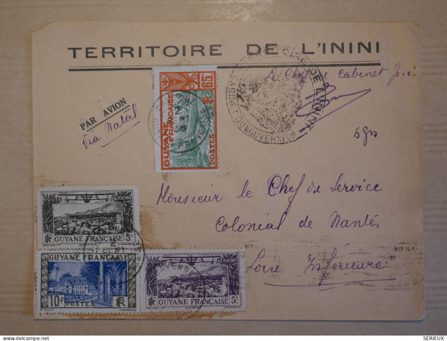 BV4 GUYANNE  BELLE  LETTRE RR 1938  TERRRITOIRE DE L ININI A NANTES FRANCE +CACHET GOUVERNEMENT+ - Storia Postale