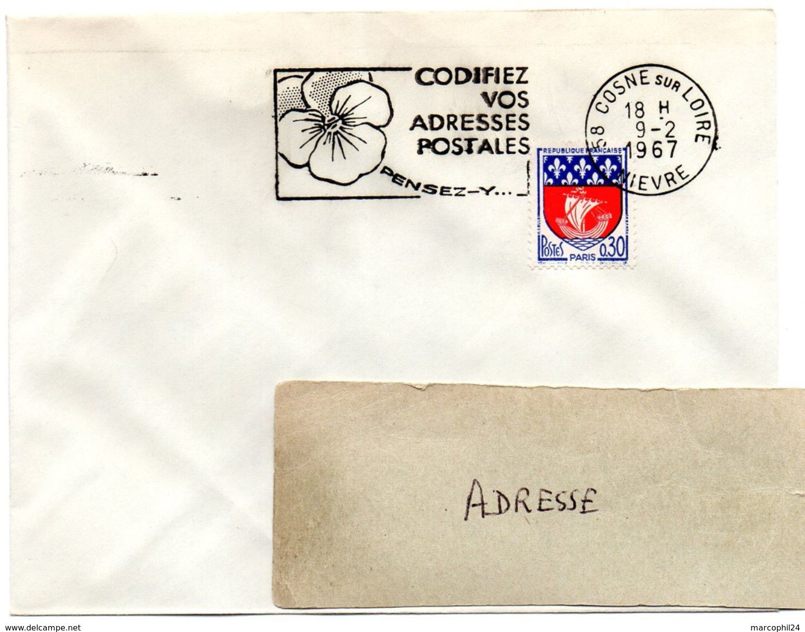 NIEVRE - Dépt N° 58 = COSNE Sur LOIRE 1967 = FLAMME Codée =  SECAP Multiple ' PENSEZ + CODIFIEZ' = Pensée N° 1 - Code Postal