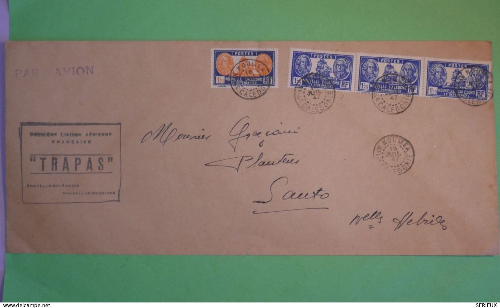 BV4 NOUVELLE CALEDONIE  BELLE  LETTRE RR 1947 1ER VOL TRAPAS A  SANTO NOUV. HEBRIDES  BANDE DE 3 TP   +AFF.  PLAISANT+ - Storia Postale