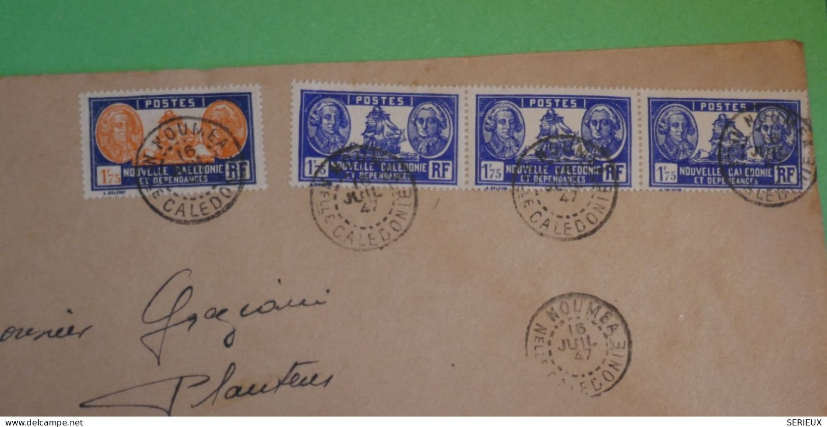 BV4 NOUVELLE CALEDONIE  BELLE  LETTRE RR 1947 1ER VOL TRAPAS A  SANTO NOUV. HEBRIDES  BANDE DE 3 TP   +AFF.  PLAISANT+ - Cartas & Documentos