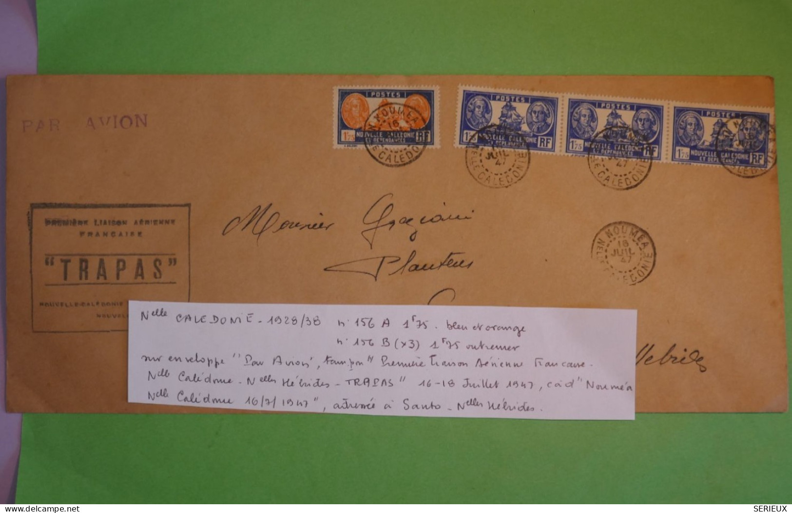 BV4 NOUVELLE CALEDONIE  BELLE  LETTRE RR 1947 1ER VOL TRAPAS A  SANTO NOUV. HEBRIDES  BANDE DE 3 TP   +AFF.  PLAISANT+ - Covers & Documents