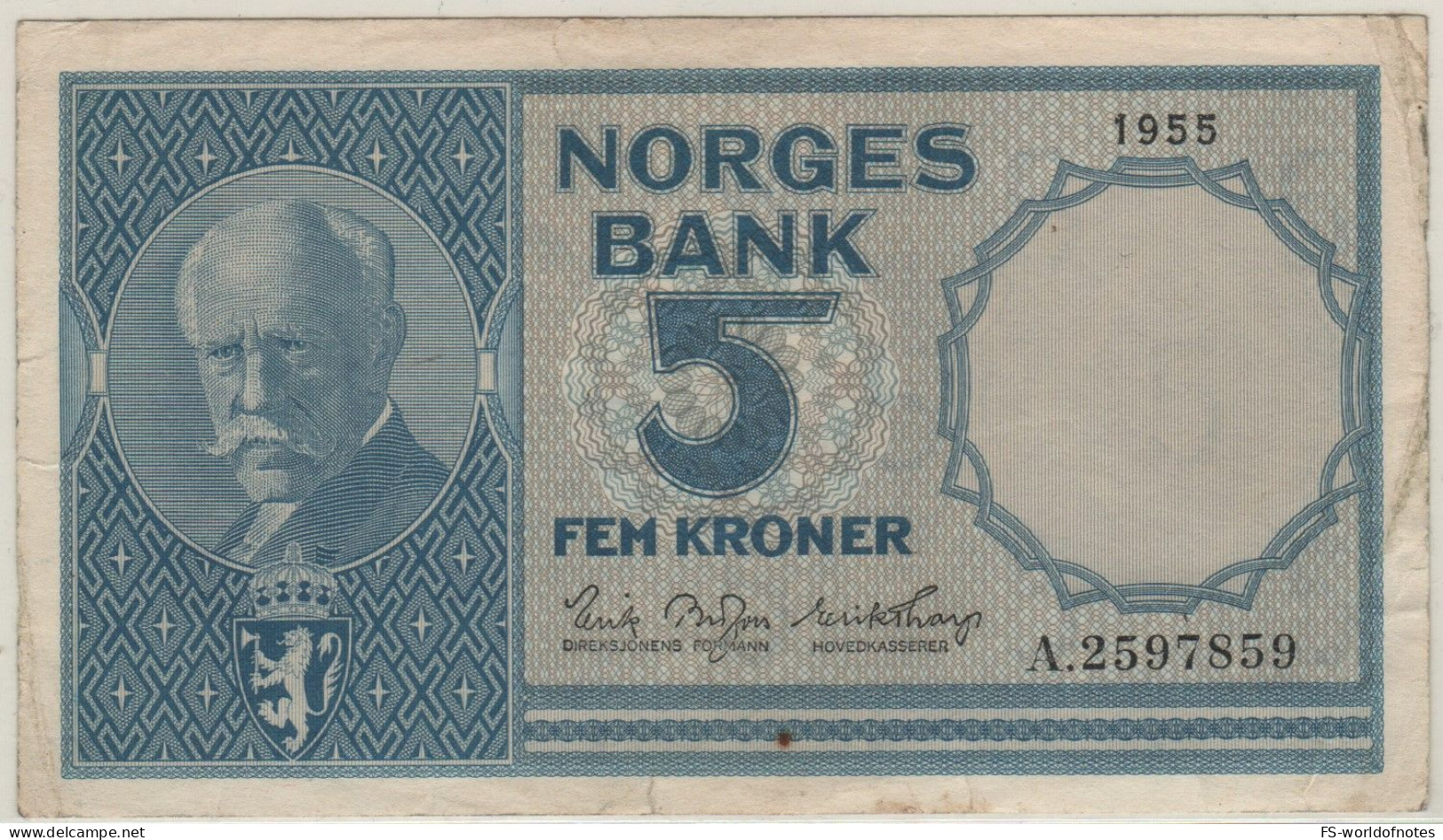 NORWAY  5 Kroner   P30a   Dated  1955  ( Fridtjof Nansen  +  Fishery At Back ) - Norwegen