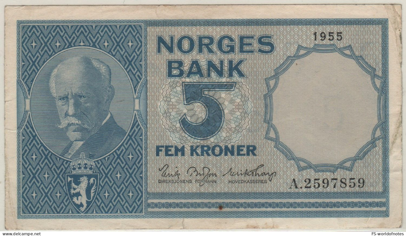 NORWAY  5 Kroner   P30a   Dated  1955  ( Fridtjof Nansen  +  Fishery At Back ) - Norway