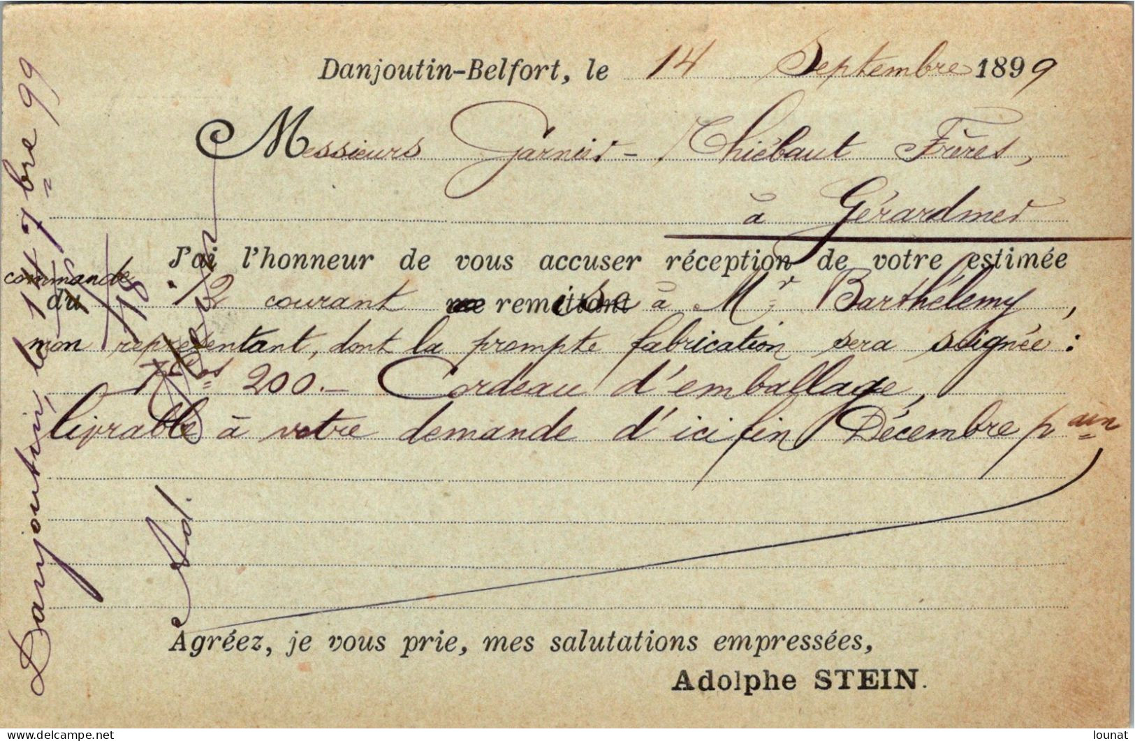 90 DANJOUTIN -BELFORT - Adolphe STEIN - Entiers Postaux Année 1899 - Danjoutin