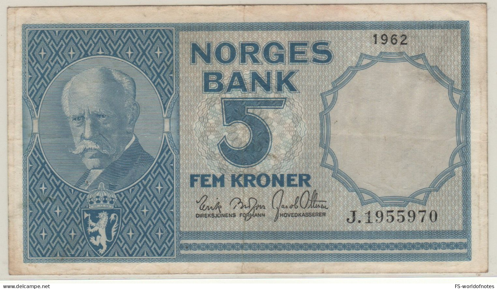 NORWAY  5 Kroner   P30g   Dated  1962  ( Fridtjof Nansen  +  Fishery At Back ) - Norvegia