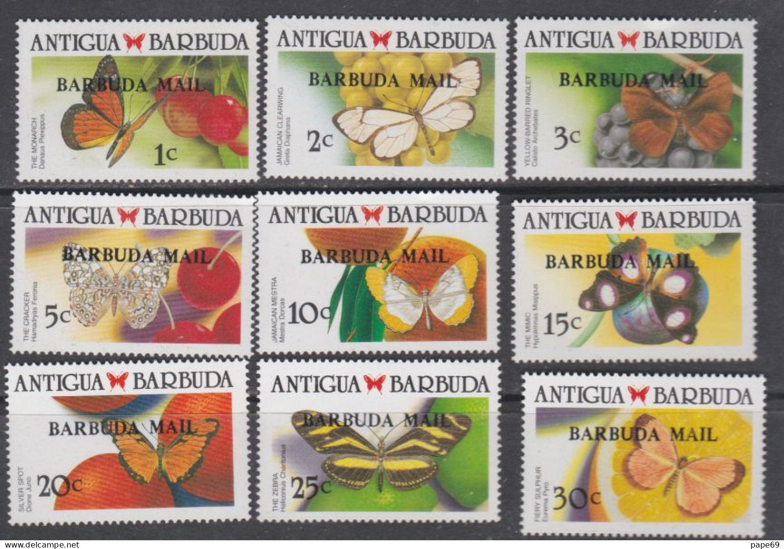 Barbuda N° 1004 / 21 XX : Papillons Et Fruits , La Série Des 18 Timbres Surchargés "BARBUDA MAIL" Sans Charnière  TB - Barbuda (...-1981)