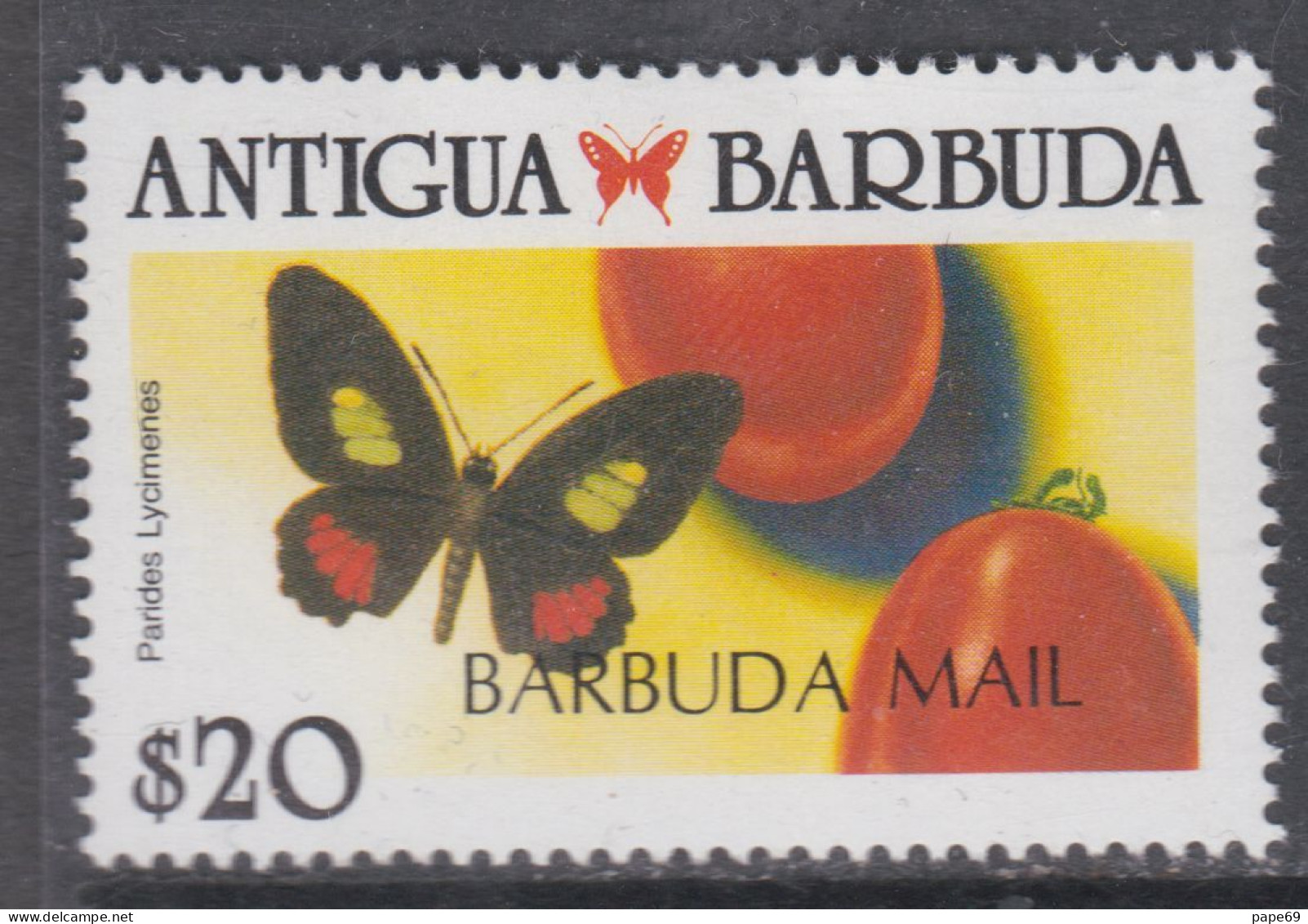 Barbuda N° 1086 XX : Papillons Et Fruits : 20 $ Surchargés "BARBUDA MAIL" Sans Charnière  TB - Barbuda (...-1981)